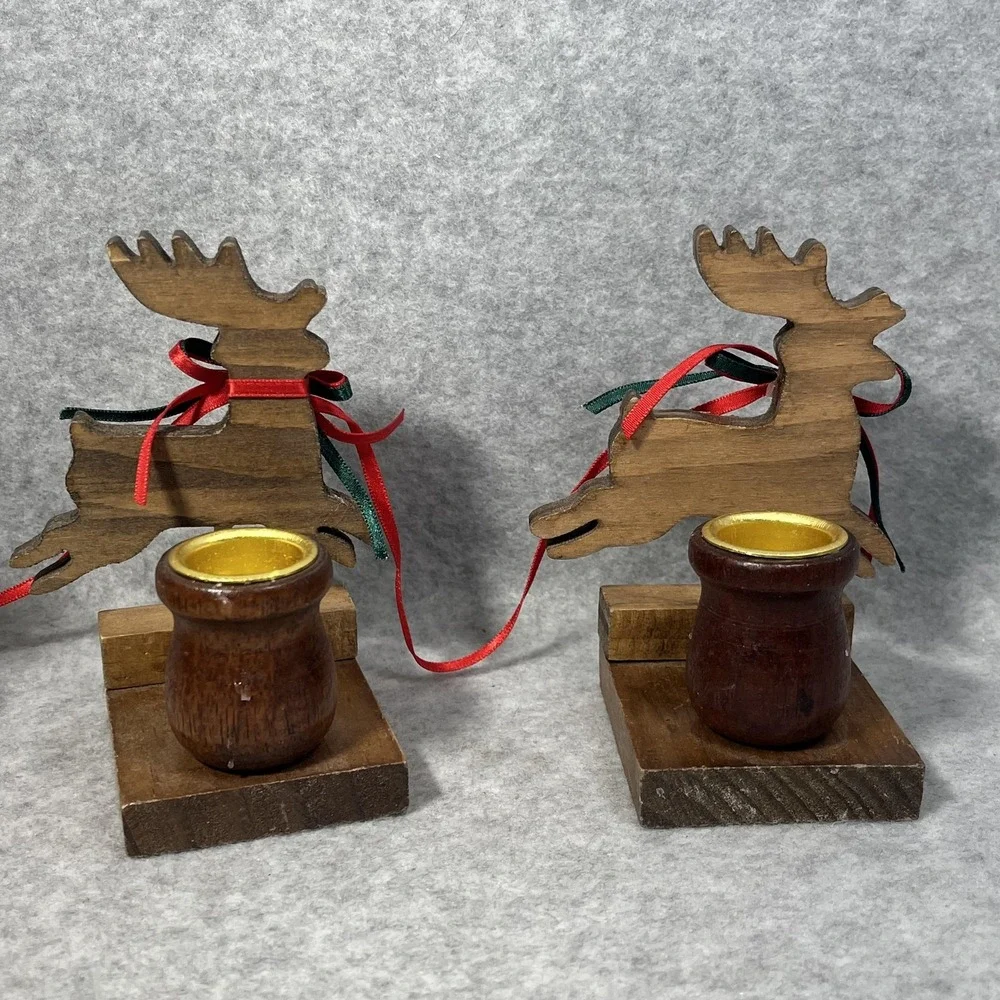 Vintage Christmas Around the World Wood Sleigh Reindeer Taper Candle Holders Set